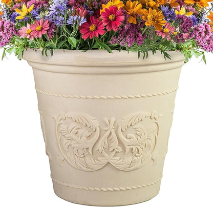 Sunnydaze 19.5-Inch Arabella Large Plastic Pot for Plants - Outdoor Double-Walled Polyresin Large Plastic Planter with Drillable Drainage Holes - Antique White
