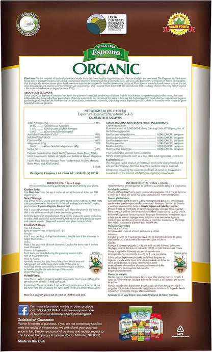 Espoma Organic Plant-Tone 5-3-3 Natural & Organic All Purpose Plant Food; 36 lb. Bag; The Original Organic Fertilizer for All Flowers, Vegetables, Trees, and Shrubs