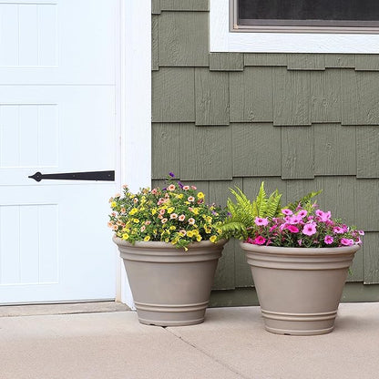 Sunnydaze 20-Inch Franklin Large Plant Pot - Polyresin Round Outdoor Planter with Drillable Drainage Hole - 2 Pack - Beige