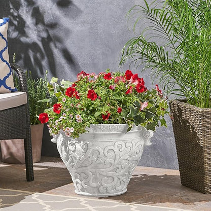 Christopher Knight Home Armis Round Concrete Planter, Indoor Outdoor Garden Plant Pot with Drainage Hole, Floral Relif Patio Urn Planter for Front Porch/Backyard, Outdoor Planter Box, Antique White