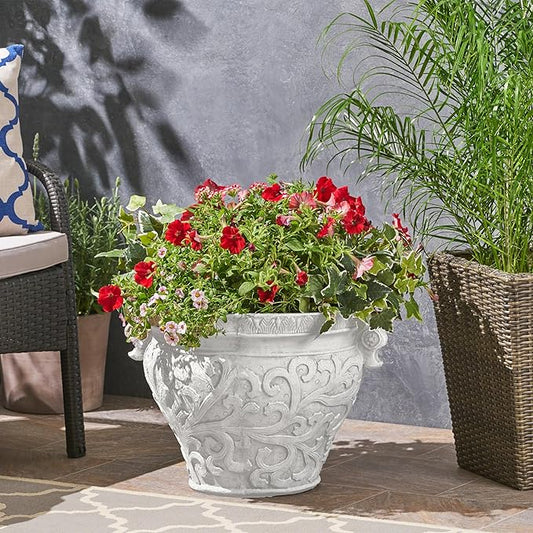 Christopher Knight Home Armis Round Concrete Planter, Indoor Outdoor Garden Plant Pot with Drainage Hole, Floral Relif Patio Urn Planter for Front Porch/Backyard, Outdoor Planter Box, Antique White