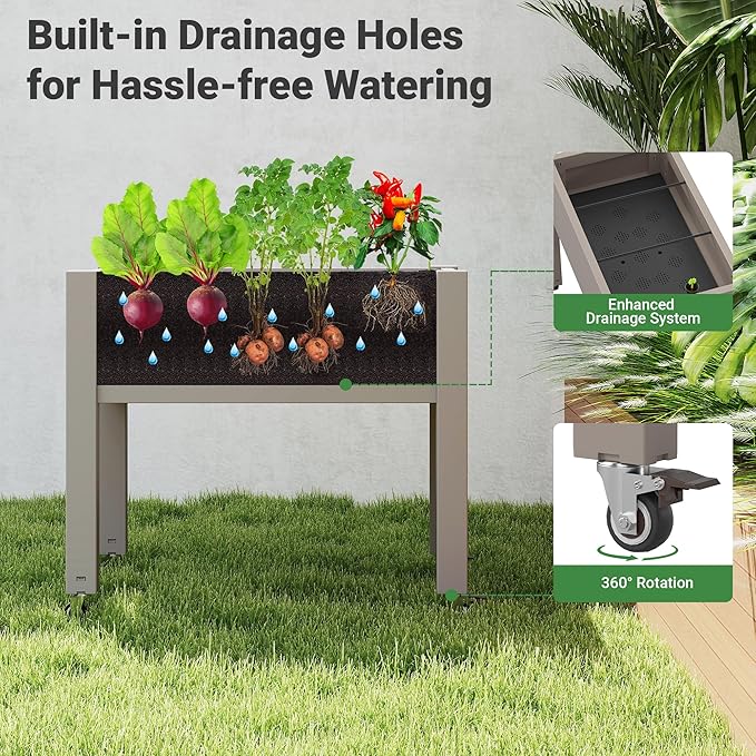 Raised Garden Bed with Wheels - Outdoor Mobile Elevated Resin Planter Box with Drainage Holes for Vegetables Flower Herbs (1 Pack, Gray)