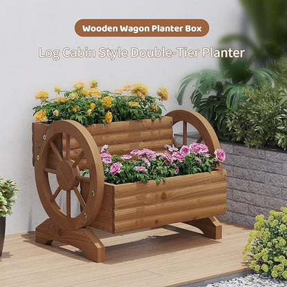 FILWH Wooden Wagon Planter Box for Indoor Outdoor Garden Planter Wood Planter Boxes Flower Planters Outdoor with Wheels Planter for Flowers Herbs Vegetables(Brown)