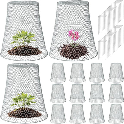 Therwen 15 Pcs Large Chicken Wire Cloche Plant Protector Cover 11x12 Inch Metal Garden Cloche Dome for Plants Wire Protection Basket with Garden Stakes Plant Cages from Animals (Silver)