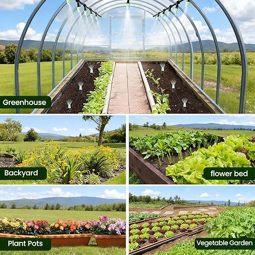 65FT Garden Drip Irrigation Kit - DIY Misting Cooling System with 1/4" Tubing & Adjustable Atomizing Nozzles for Greenhouse, Patio, Raised Beds, Potted Plants