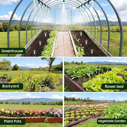 65FT Garden Drip Irrigation Kit - DIY Misting Cooling System with 1/4" Tubing & Adjustable Atomizing Nozzles for Greenhouse, Patio, Raised Beds, Potted Plants