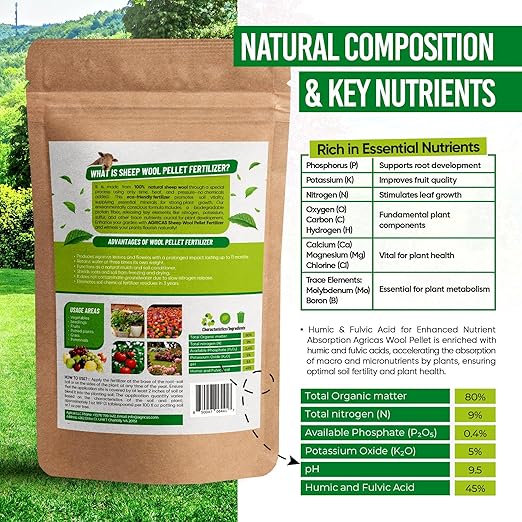 Wool Pellet Organic Fertilizer (4 * 2,2 lbs), Made of Sheep Wool, Water Holding, Enhances Soil Health, Ideal for Fruits, Vegetables, Flowers, Indoor and Outdoor Plants - 4 Pack
