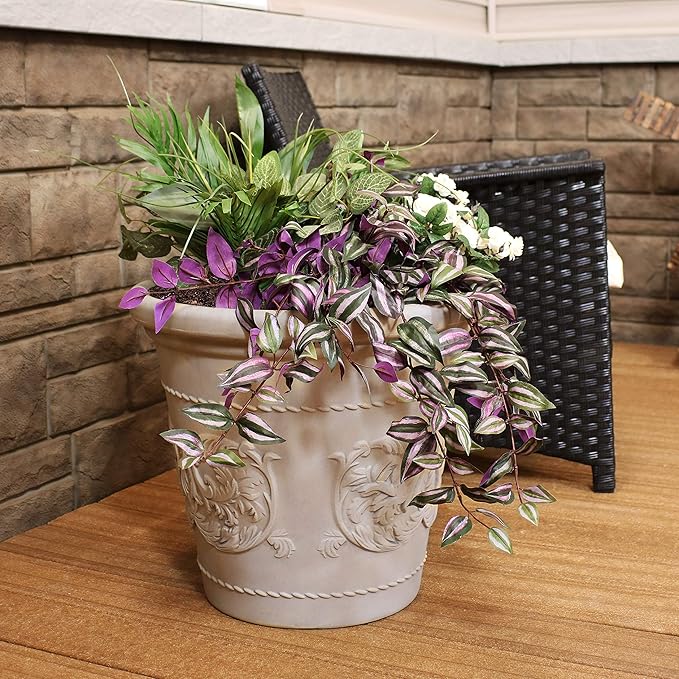Sunnydaze 19.5-Inch Arabella Large Plastic Pot for Plants - Outdoor Double-Walled Polyresin Large Plastic Planter with Drillable Drainage Holes - Beige