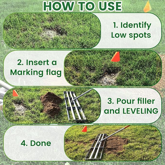 Lawn Leveling Rake, 2-in-1 Double Side can Switch, with 20pc Marking Flags to Mark Low Spot, Stainless + Powder-Coat, FLAT Level Soil/Dirt/Compost on Lawn, SERRATED Rake Dead Grass/Ruts/Gravel on Yard
