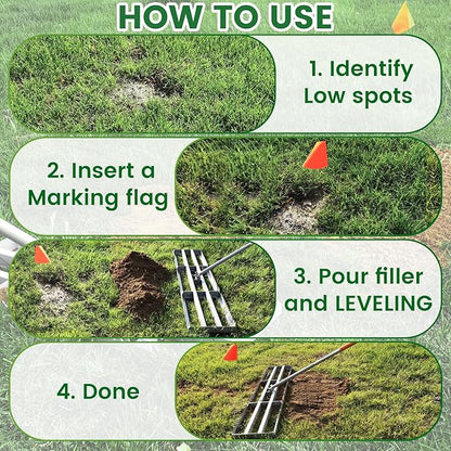 Lawn Leveling Rake, 2-in-1 Double Side can Switch, with 20pc Marking Flags to Mark Low Spot, Stainless + Powder-Coat, FLAT Level Soil/Dirt/Compost on Lawn, SERRATED Rake Dead Grass/Ruts/Gravel on Yard