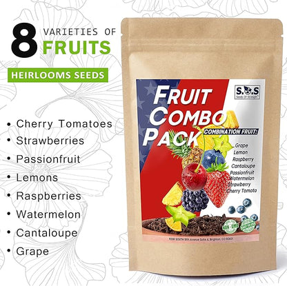 Heirloom Fruit Seeds - Survival Seeds. Cherry Tomatoes, Cantaloupe, Watermelon, Strawberries, Passion Fruit, Lemons, Raspberries, Grape 8 Different Varieties