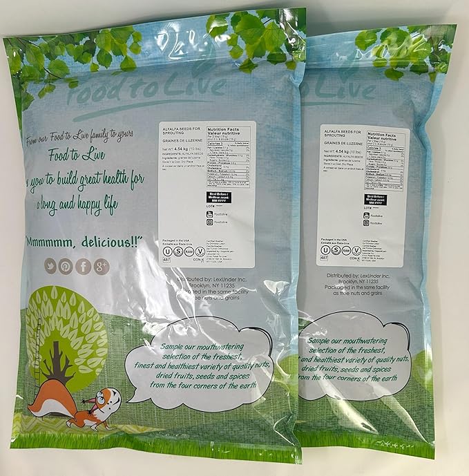 Food to Live Alfalfa Seeds for Sprouting, 20 Pounds – Edible Seeds, Pure, Vegan, Kosher, Bulk. Rich in Vitamin K & C. High Germitation Rate. Grow Sprouts, and Microgreens for Salad, Sandwiches, Rolls.