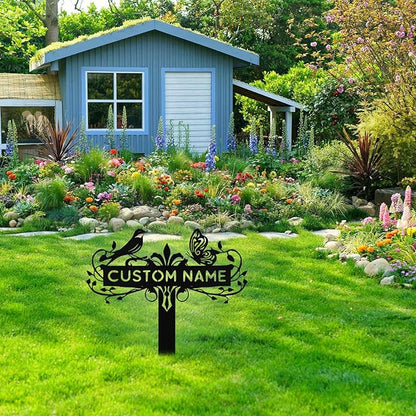 Custom Metal Garden Sign with Stake, Personalized Bird & Butterfly Garden Signs for Outside, Customized Garden Name Signs for Yard Lawn Outdoor Decor Gardening Gifts for Moms Grandmas Gardeners
