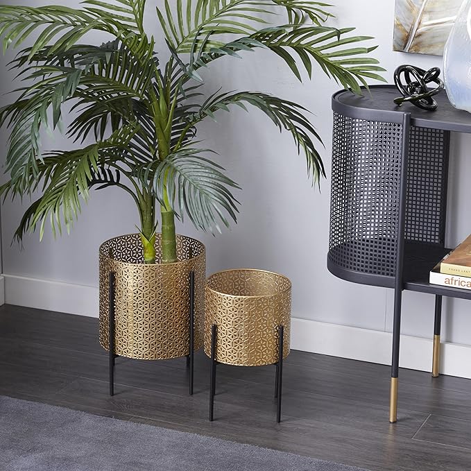 CosmoLiving by Cosmopolitan Metal Indoor Outdoor Planter Floral Cutout Small Planter Pot with Removable Stand, Set of 2 Planters 15", 14"H, Gold