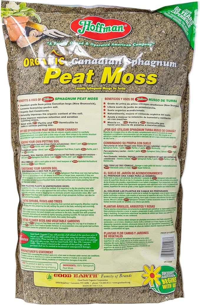 Hoffman Canadian Sphagnum Peat Moss Soil Conditioner to Improve Moisture Retention and Aeration, 10qt Bag, Pack of 4