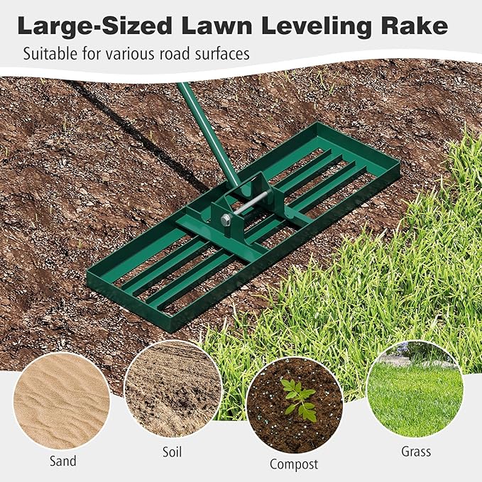 30" x 10" Lawn Leveling Rake, Heavy Duty Landscape Rake with 67" Handle, Non-Slip Grip & Flat Head, Space-Saving Lawn Level Tool for Garden, Backyard, Golf Course & Sports Field(Green)