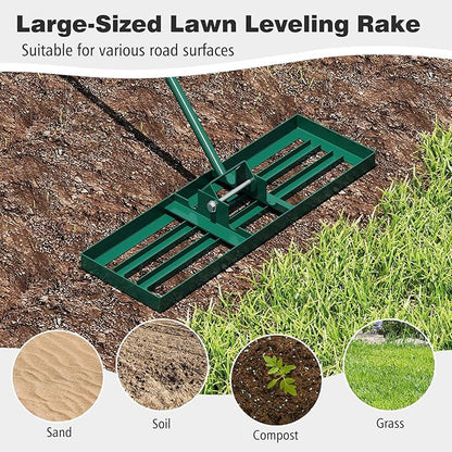 30" x 10" Lawn Leveling Rake, Heavy Duty Landscape Rake with 67" Handle, Non-Slip Grip & Flat Head, Space-Saving Lawn Level Tool for Garden, Backyard, Golf Course & Sports Field(Green)