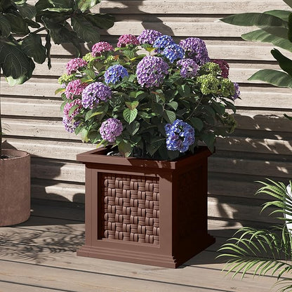 Rattan Style Outdoor Planter Box - 14.65-Inch-Square Decorative Flower or Plant Pot - Garden, Patio and Front Porch Decor by Pure Garden (Brown)