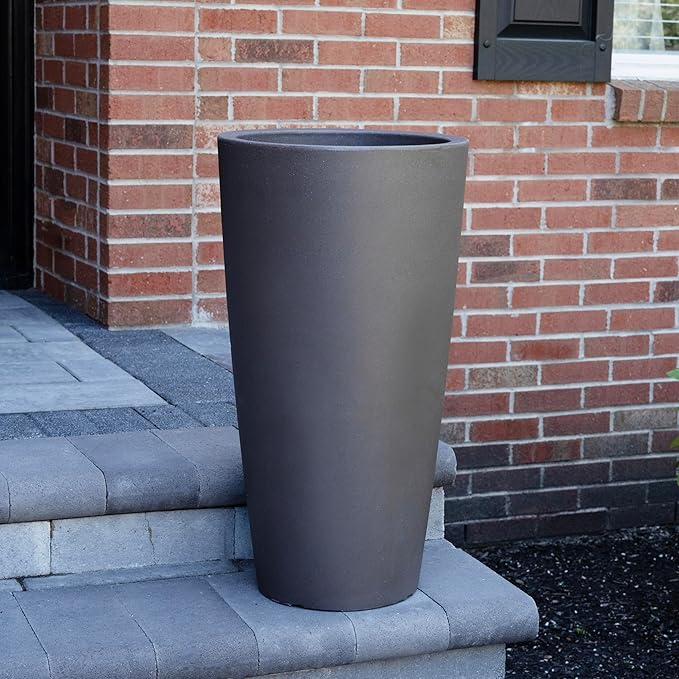 Step2 Tremont Tall Round Tapered Planter, Large Planters for Outdoor Plants, Gardening and Flower Pot for Patio or Porch, Efficient Drainage, Durable Plastic, Dark Cedar, 2-Pack