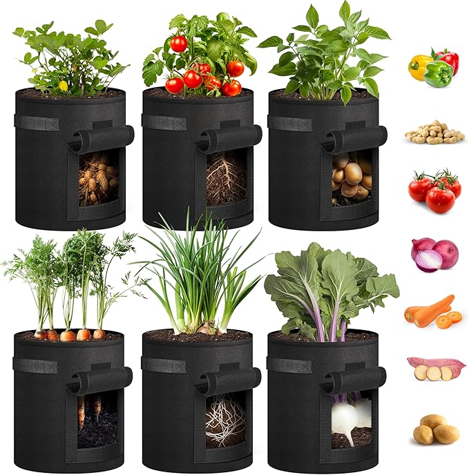 iPower 6 Pack 10 Gallon Potato Grow Bags with Flap, Garden Planting Pot with Durable Handle and Harvest Window, Thickened Nonwoven Fabric Container for Potato, Tomato, Vegetable, Carrot and Fruits