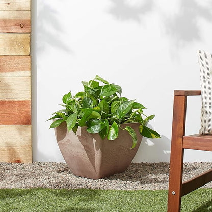 PSW Pot Collection 16x13 inch Plastic/Stone/Wood Composite Square Planter – No Drainage Hole (Drillable), Modern Indoor/Outer Pot for Flowers, Foliage, Succulents, Fairy Gardens, Taupe