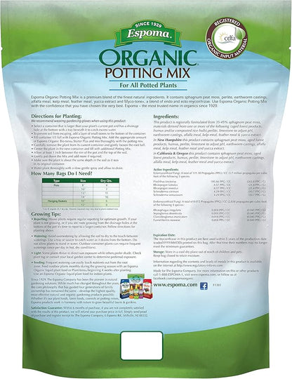 Espoma Organic Potting Soil Mix - All Natural Potting Mix for All Indoor & Outdoor Containers Including Herbs & Vegetables. for Organic Gardening, 4qt. Bag. Pack of 1
