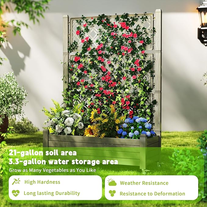 Elevated Raised Garden Bed with Trellis,Outdoor Large Resin Patio Planter Box with Lockable Wheels Drain Plug,Water Monitor for Plants Vegetables Flowers Fruits (Grey, 43.43 * 18.27 * 64.29)