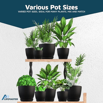 Black Plant Pots with Drainage Holes & Saucers 3 Pack, Indoor & Outdoor Stackable Space-Saving Planters for Houseplants & Flowers, (7", 6.7", and 6" Inches), Durable & Weatherproof Materials