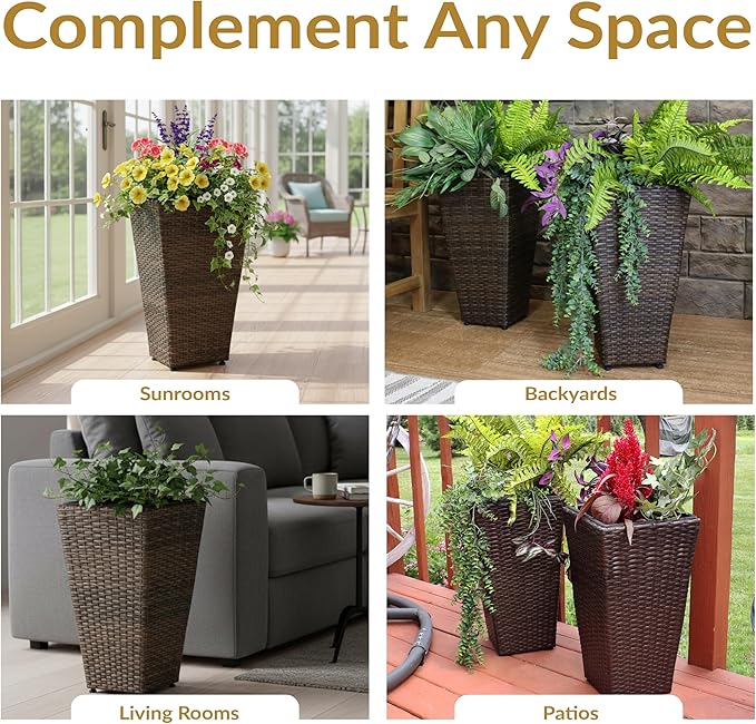 Sunnydaze Set of 2 Square Tall Wicker Planters - Polyrattan Rectangular Large Plastic planters for Outdoor Plants - 20-Inches Tall - Brown