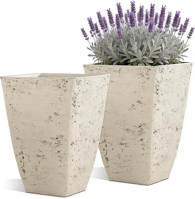 19" Plant Pots Tall Planters for Plants Outdoor Set of 2 Large Square Flower Pots Indoor Front Porch Decor Garden Pot with Drainage Hole Handmade Birch Bark Texture for Patio, Country White