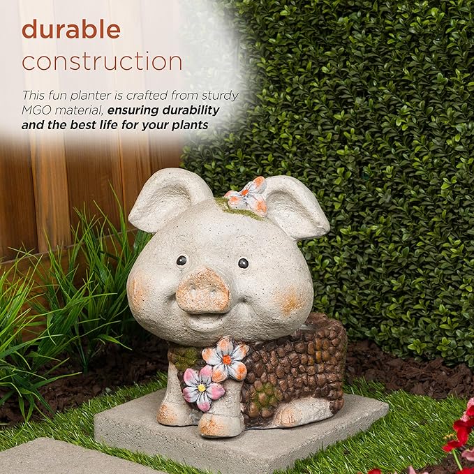 Alpine Corporation WQA1596 Smiling Pig Statue Planter w/Drainage Hole, Stylish Decor for Garden, Patio, & Lawn, 13" H, Gray