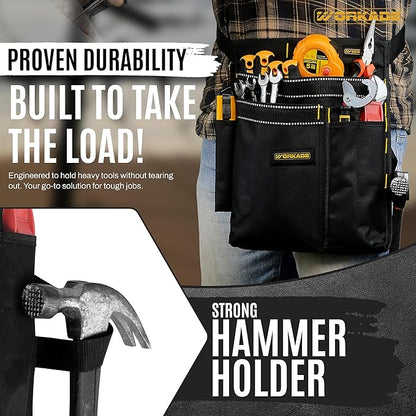 Magnetic 8-Pockets Single Side Tool Belt for Men & Women – Black Double-Layered Cordura Tool Bags/Pouches, Adjustable Quick-Release Buckle Tool Belt for Electrician, Carpenter, Plumber.