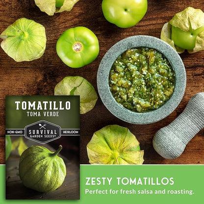 Toma Verde Tomatillo Seeds for Planting - Heirloom Mexican Green Husk Tomato, High Yield Non-GMO Variety for Salsa Verde and Authentic Mexican Cooking - Survival Garden Seeds (5 Packs)