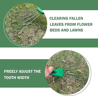 SUMIO Adjustable Hand Rake – 6-Tine Wire Broom, 4-Position Rake Head, Rust-Resistant for Tight Spaces, Debris Cleanup (Green)