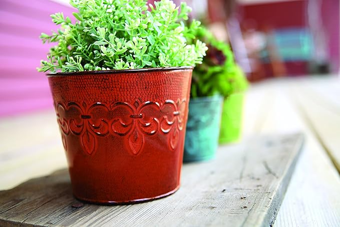 Robert Allen MPT01889 Fluer De Lis Series Metal Planter Flower Pot, 6", Color Cayenne Red