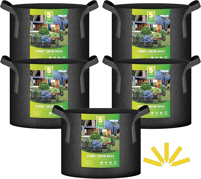 iPower 5 Pack 5 Gallon Grow Bags, Garden Planting Nonwoven Fabric Pots with Reinforced Handle, Heavy Duty and Aeration Planter Pot for Tomato, Fruits, Vegetables and Flowers