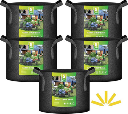 iPower 5 Pack 5 Gallon Grow Bags, Garden Planting Nonwoven Fabric Pots with Reinforced Handle, Heavy Duty and Aeration Planter Pot for Tomato, Fruits, Vegetables and Flowers