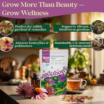 Echinacea Seed Pack 4 oz - 37,500 Non-GMO Heirloom Echinacea Seeds for Planting, Perennial Flowers in Waterproof Seed Packet, Coneflower Seeds for Planting Garden Indoor & Outdoor Gardening