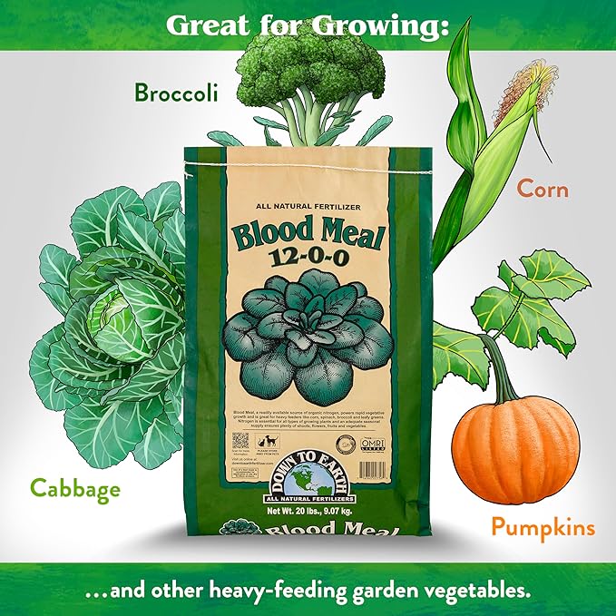 Down To Earth All Natural Fertilizers Organic Blood Meal - High Nitrogen Plant Food for Green Growth 12-0-0, 20 lb