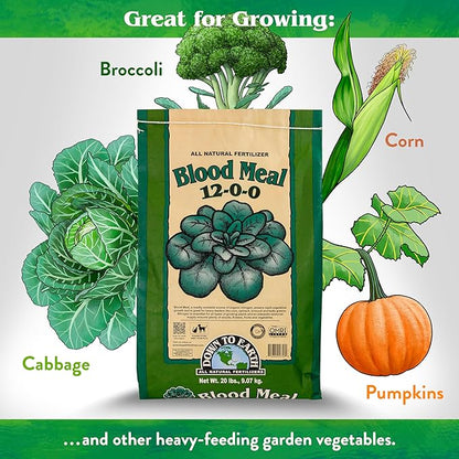 Down To Earth All Natural Fertilizers Organic Blood Meal - High Nitrogen Plant Food for Green Growth 12-0-0, 20 lb