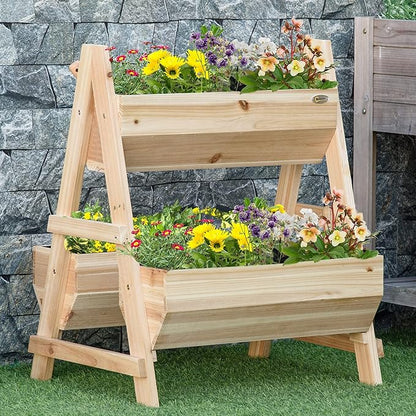 Outsunny 3 Tier Verctial Raised Garden Bed, Wooden Elevated Planter Box with Fabric Liner and Drainage Holes, for Vegetables, Herbs, Flowers, Natural
