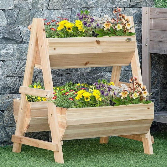 Outsunny 3 Tier Verctial Raised Garden Bed, Wooden Elevated Planter Box with Fabric Liner and Drainage Holes, for Vegetables, Herbs, Flowers, Natural