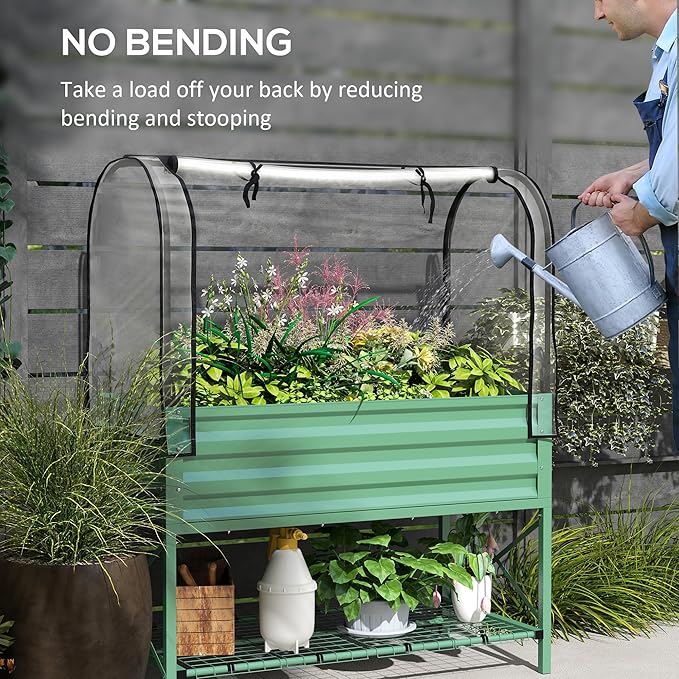 Outsunny Raised Garden Bed with Cover and Storage Shelf, Rectangular Metal Elevated Planter Box with Legs and Bed Liner for Vegetables, Flowers, Herbs, Green