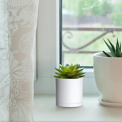 D'vine Dev 18 Pack 2.5 Inch Mini Plastic Plant Pots, Small Garden Planters for Plant with Drainage Holes and Saucers, White Color, 74-Z-B-5