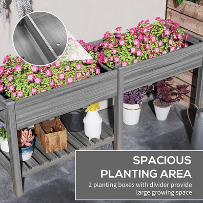Outsunny Raised Garden Bed, Wood Elevated Planter Box with Side Table, Bottom Shelf, Outdoor Raised Planter with Bed Liners, Drainage Holes for Vegetable Flower, 81.5 x 23 x 31 in, Gray