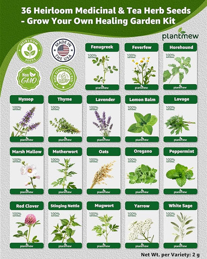 Medicinal Herb Seeds Variety Pack - 36 Heirloom Non-GMO Herbal Tea Garden Seeds: Chamomile, Lavender, Echinacea, Yarrow, Mugwort for Planting Indoor & Outdoor, Apothecary & Homesteading Supplies