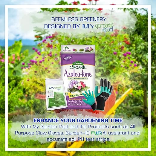 Espoma AT18 Azalea-Tone 4-3-4; 18 lb. Bag with My Garden Pool PH Soil Test Strips 20 ct, and My Garden Pool Superior Gardening Claw Gloves and Garden-IQ, Smart Gardening AI Assistant!