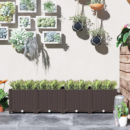 Outsunny 5 x 1 x 1 ft Raised Garden Bed, Indoor Outdoor Plastic Planter Box with Drainage Holes, Drain Plugs and Water Reservoirs for Vegetables, Herbs, Flowers & Succulents, Brown