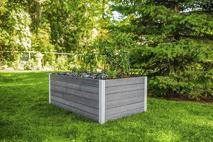 Vita Urbana 3 Foot x 5 Foot Embossed Vinyl Keyhole Garden with Composting Basket, Slate Grey, Gray, PVC, BPA and Pthalate Free, Woodgrain, VT17602