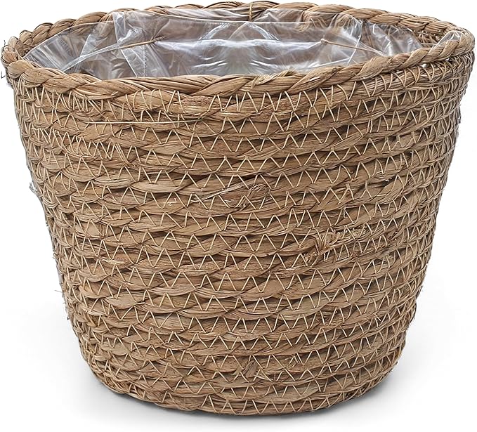 Small Basket Planter 7.1" x 5.9" Seagrass Containers, Hand Woven Wicker Cover Storage, Stylish Plastic Liners Straw Flower Jute Pots for Outdoor Indoor Use Mums Front Porch Room Decoration
